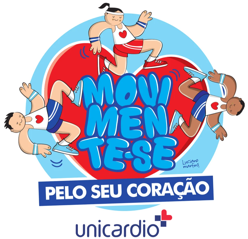 Logo do Movimente-se pelo seu Coração 2026: três corredores ilustrados em volta de um coração vermelho, com a marca Unicardio